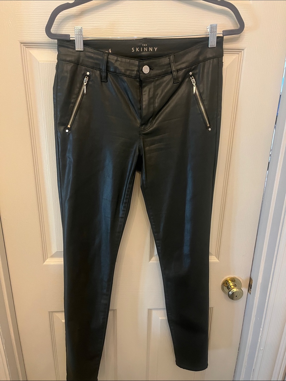 White House Black Market Black Coated Skinny Pants with Zip Pockets